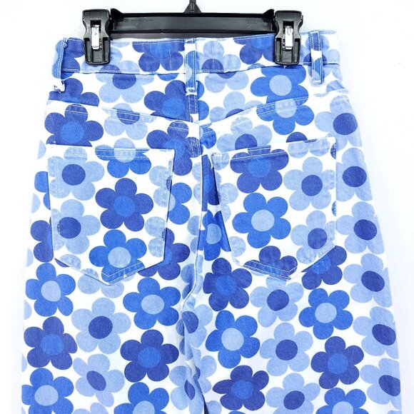 Zara Pants Womens 0 Blue 70's Floral Print Straight Leg Retro Button Fly Jeans - Picture 12 of 13
